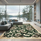 Ornate Green Gold Leaf Scrollwork Rug