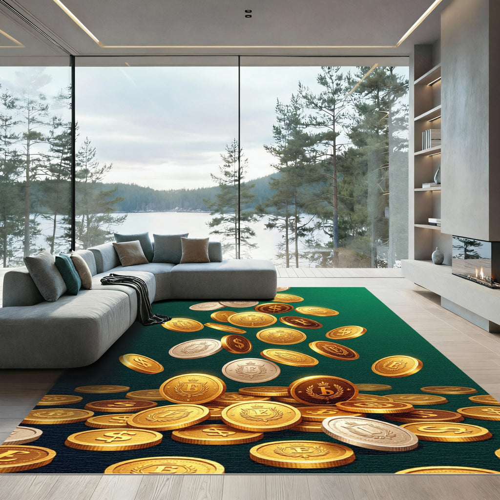 Golden Coin Cascade Emerald Backdrop Rug