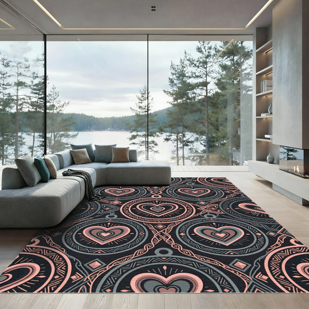 Blush Pink Hearts Geometric Medallion Rug