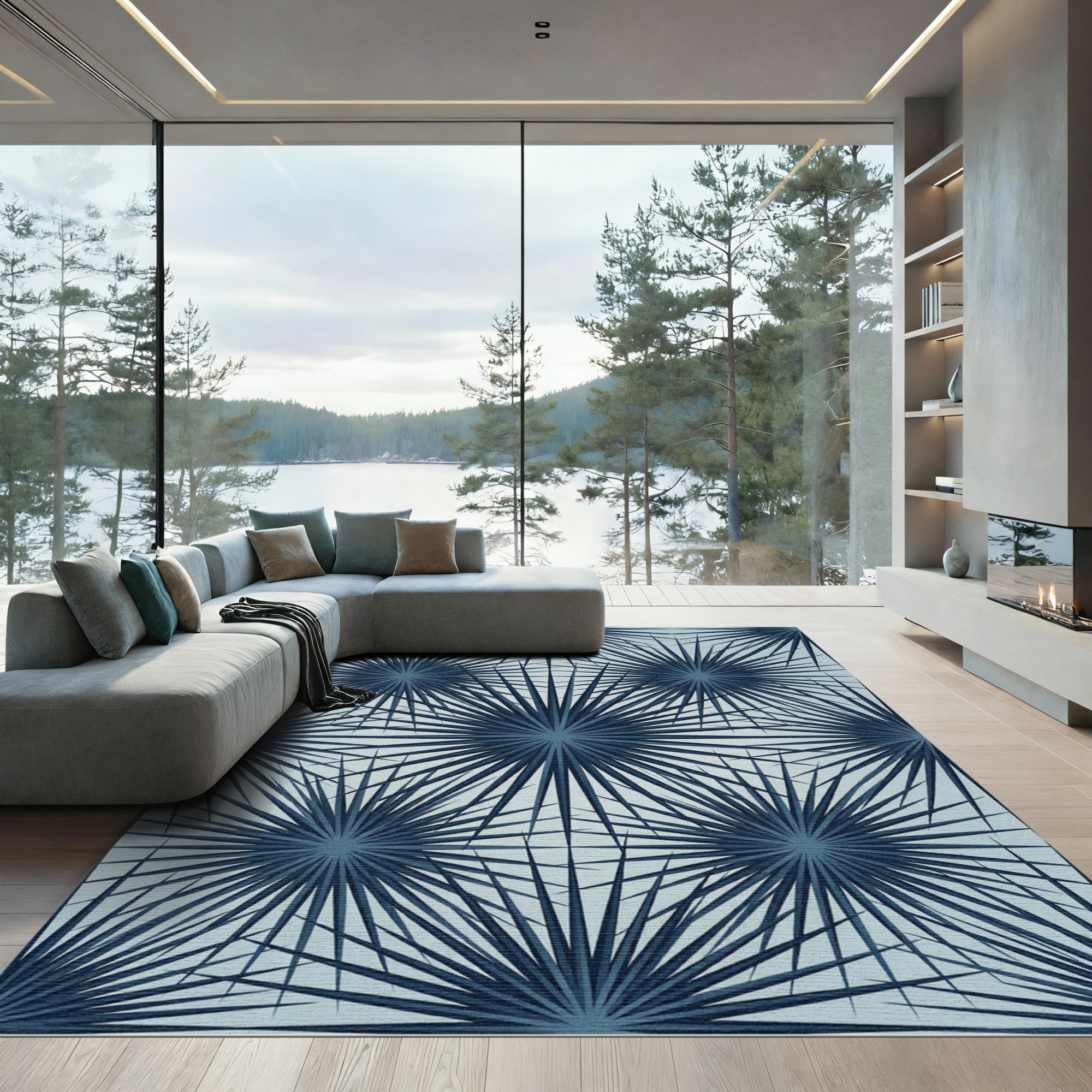 Navy Blue Geometric Sunburst Star Rug