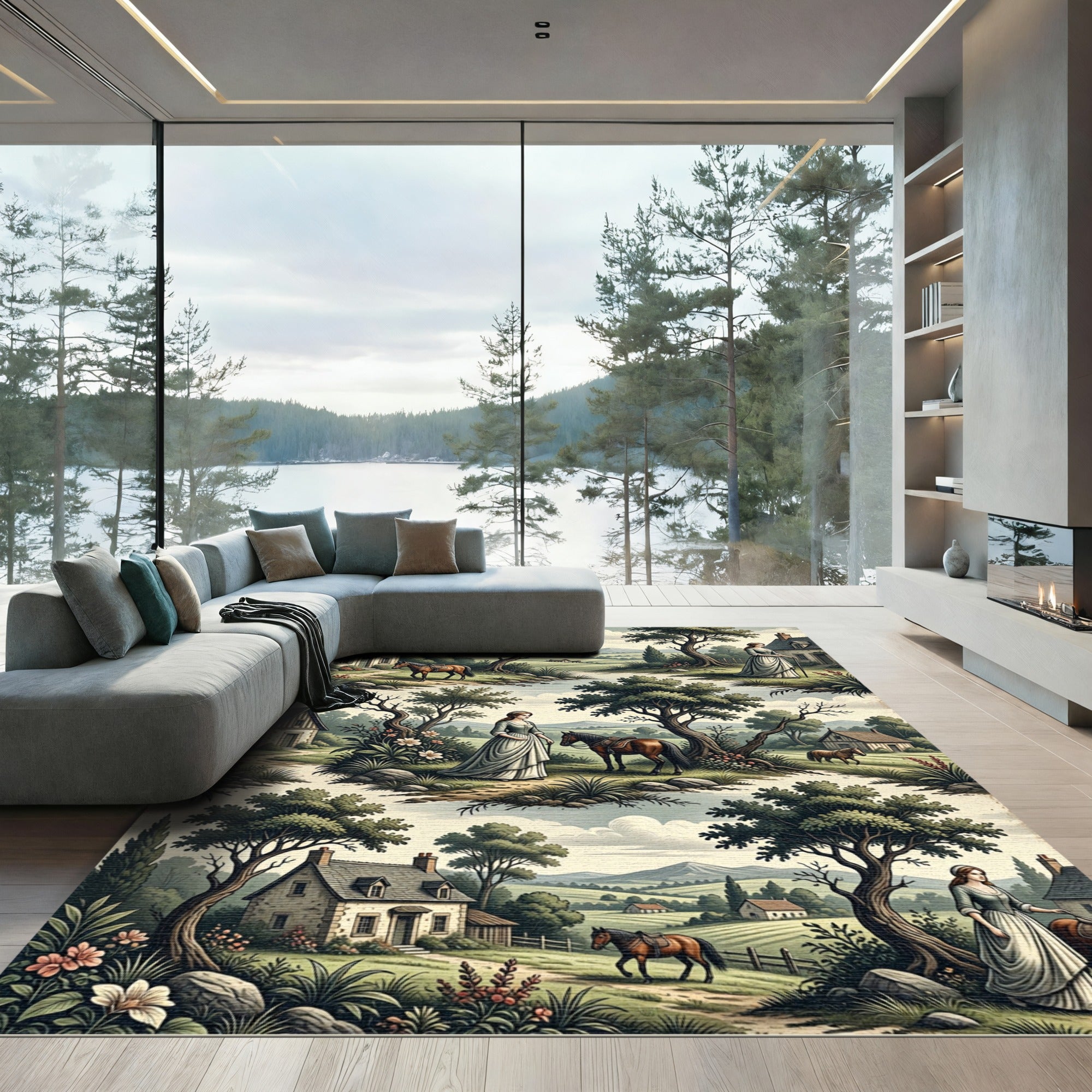 Pastoral Countryside Woman With Horse Scene Rug