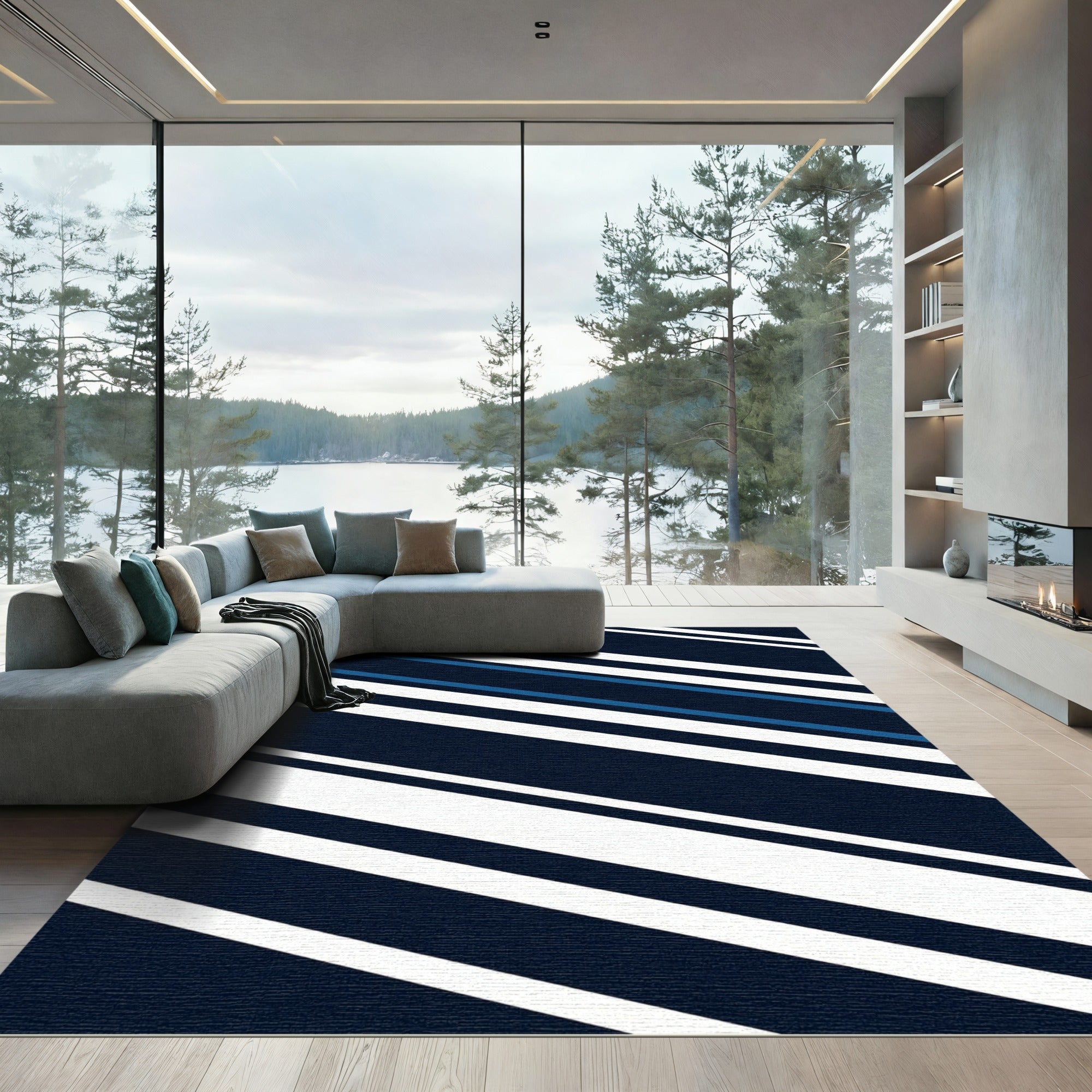 Minimalist Navy Blue Geometric Diagonal Stripes Rug