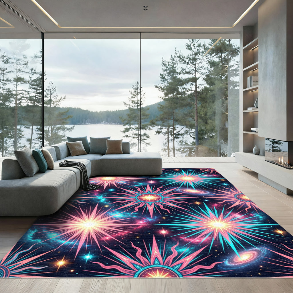 Vibrant Neon Celestial Starburst Galaxy Rug