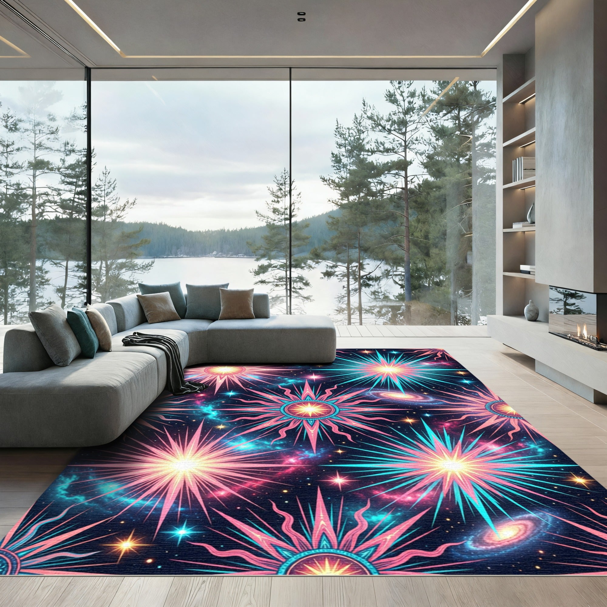 Vibrant Neon Celestial Starburst Galaxy Rug