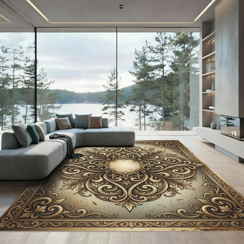 Ornate Golden Scrollwork Medallion Rug