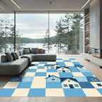 Blue and Cream Whimsical House Grid Rug