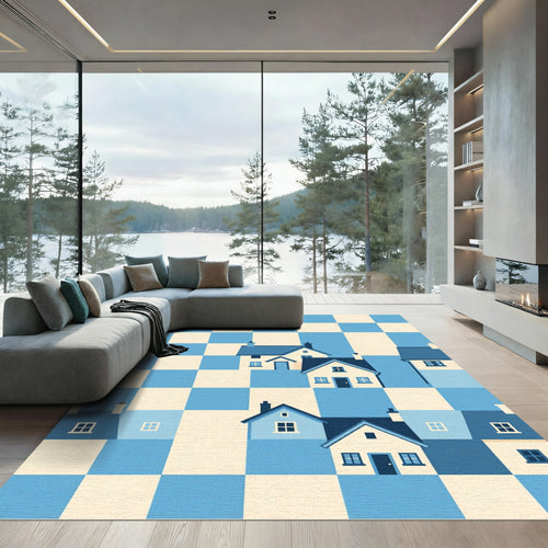 Blue and Cream Whimsical House Grid Rug