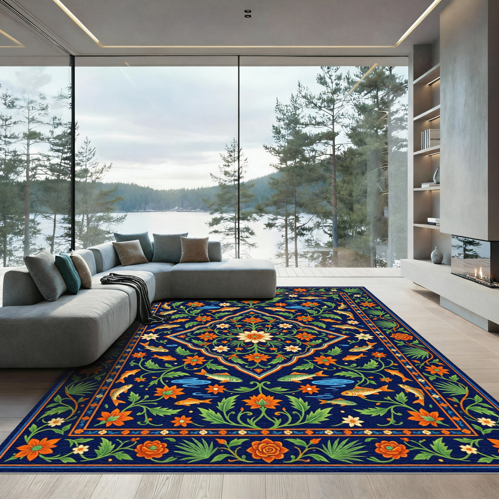 Vibrant Navy Floral Koi Medallion Rug