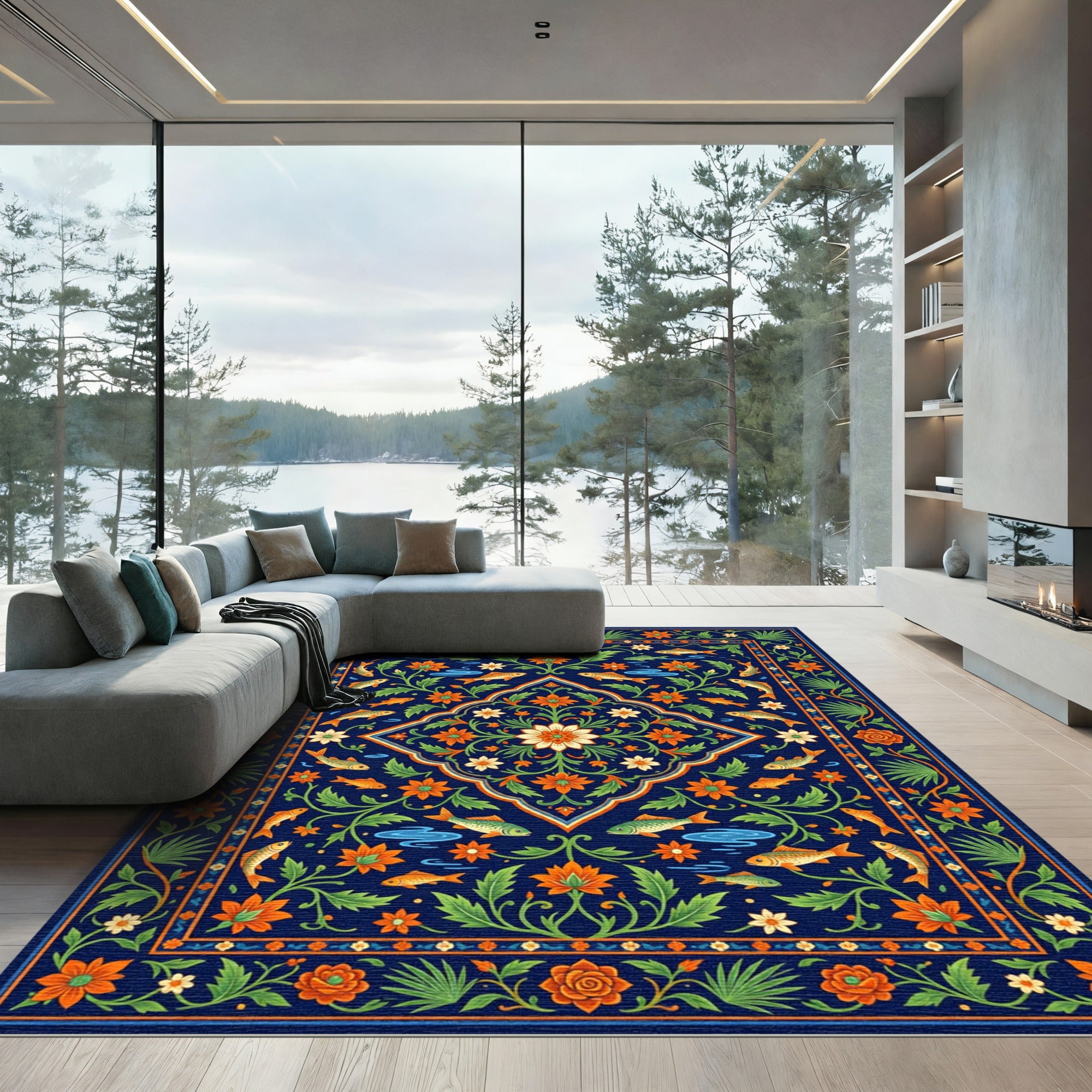 Vibrant Navy Floral Koi Medallion Rug