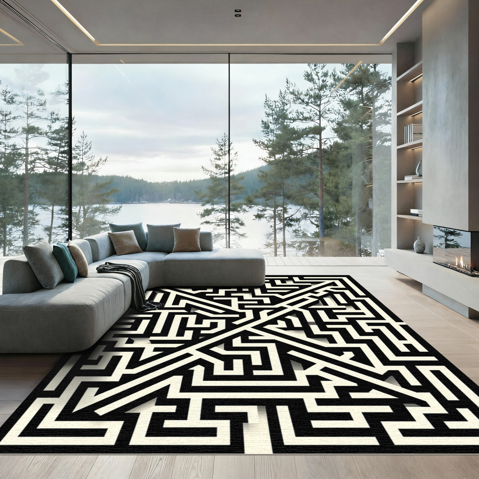 Monochromatic Modern Abstract Geometric Maze Rug