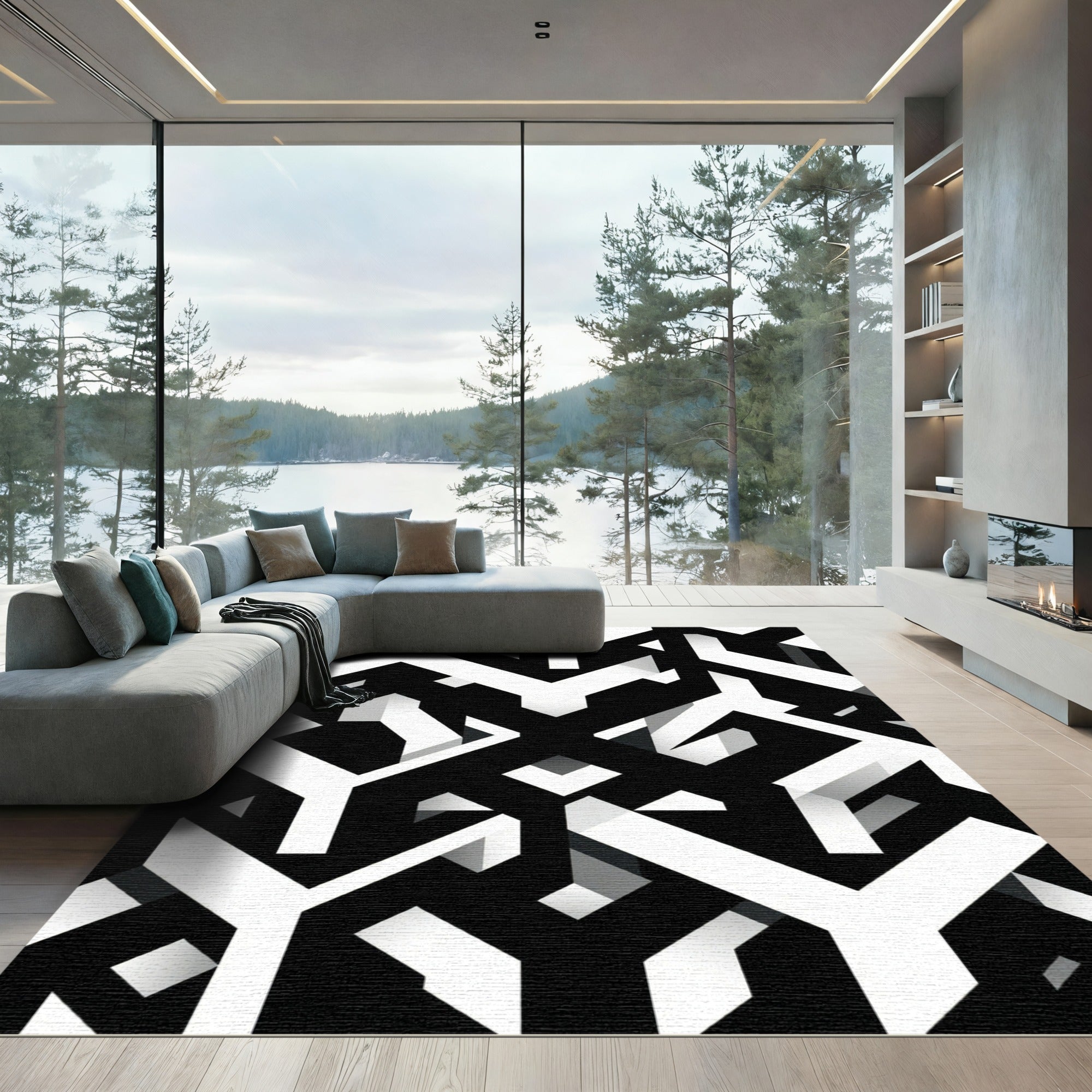 Monochrome Geometric Interlocking Abstract Lines Rug