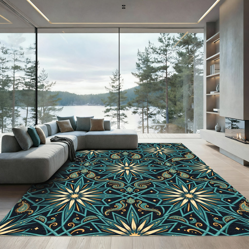 Midnight Teal Botanical Starry Paisley Rug
