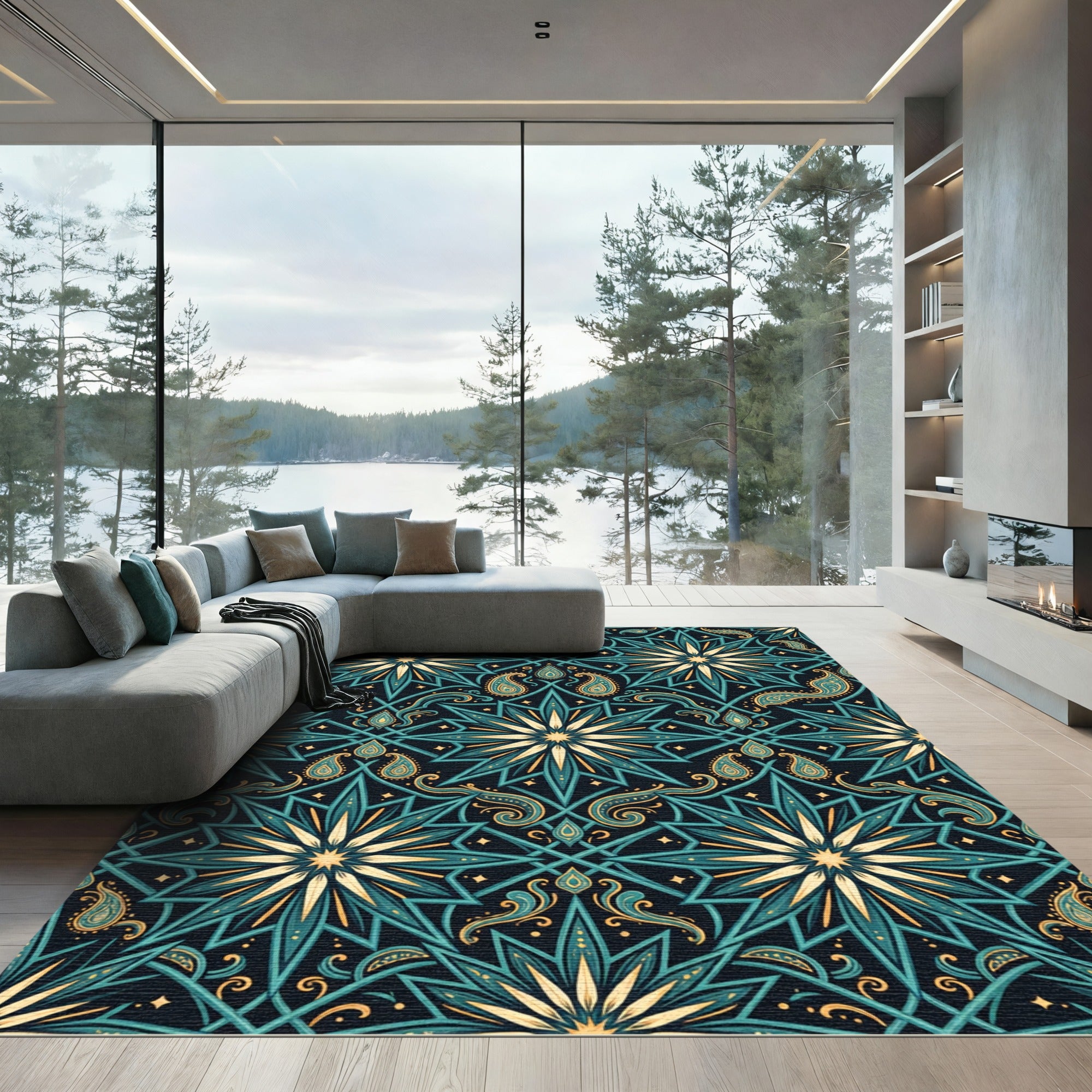 Midnight Teal Botanical Starry Paisley Rug