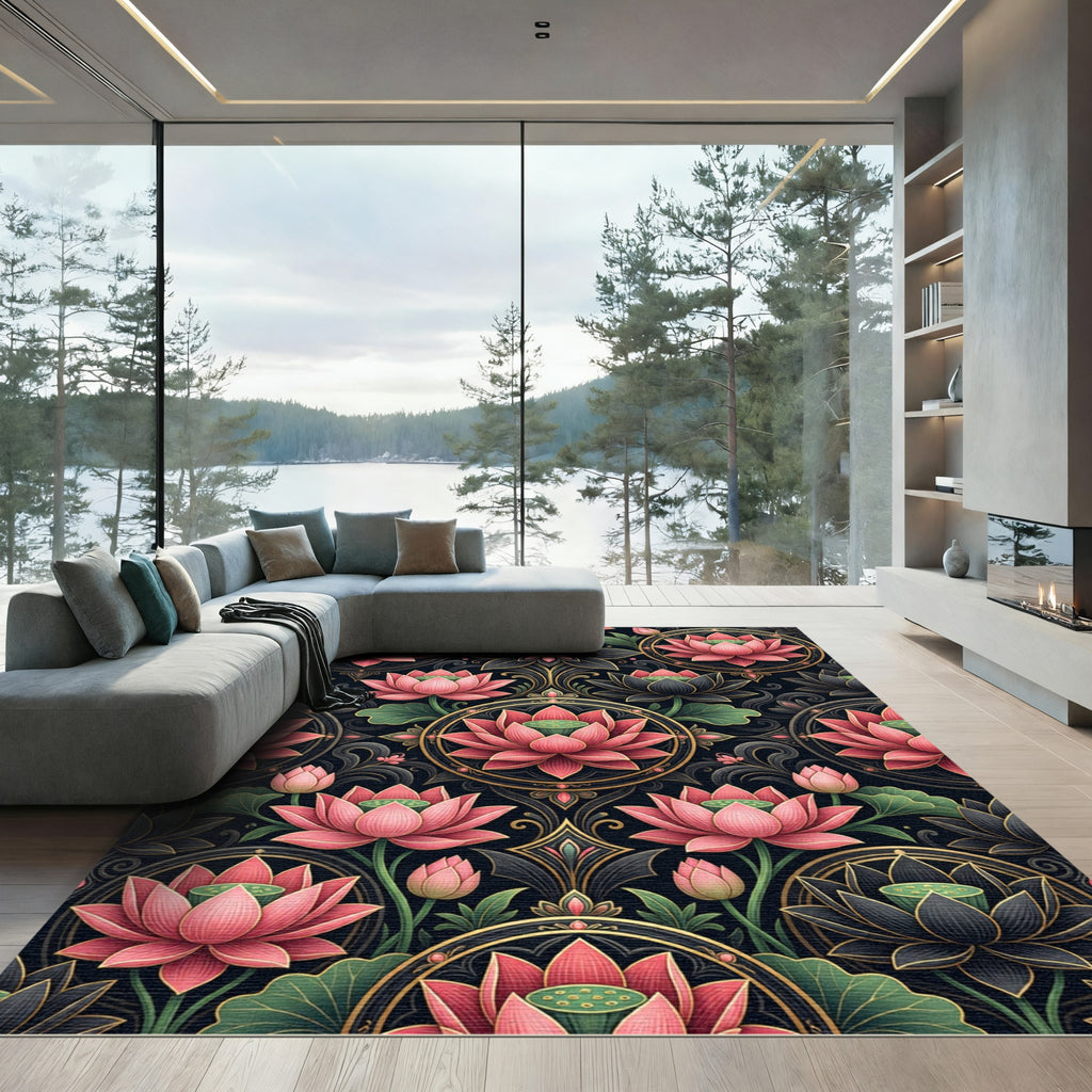 Pink Lotus Mandala Floral Gold Accent Rug