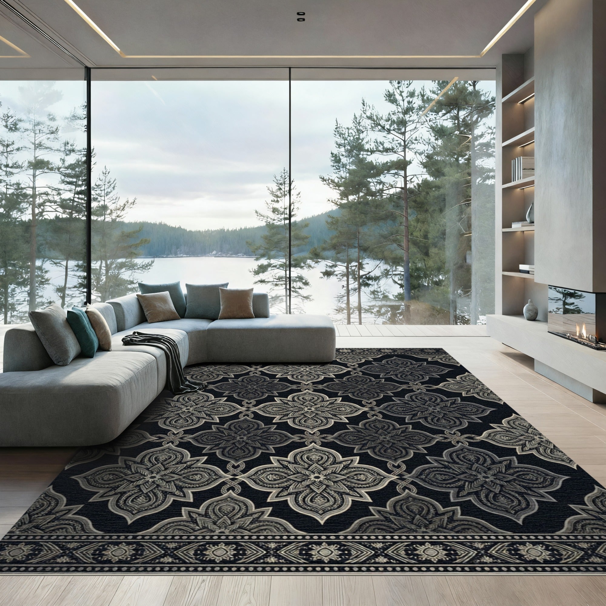 Ornate Silver Black Floral Medallion Rug