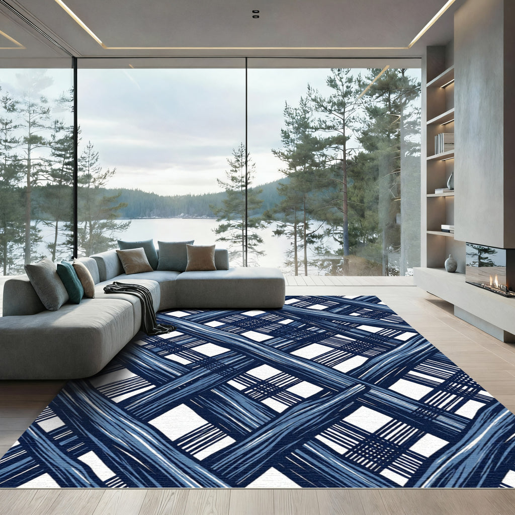 Navy Blue Intersecting Linear Grid Rug