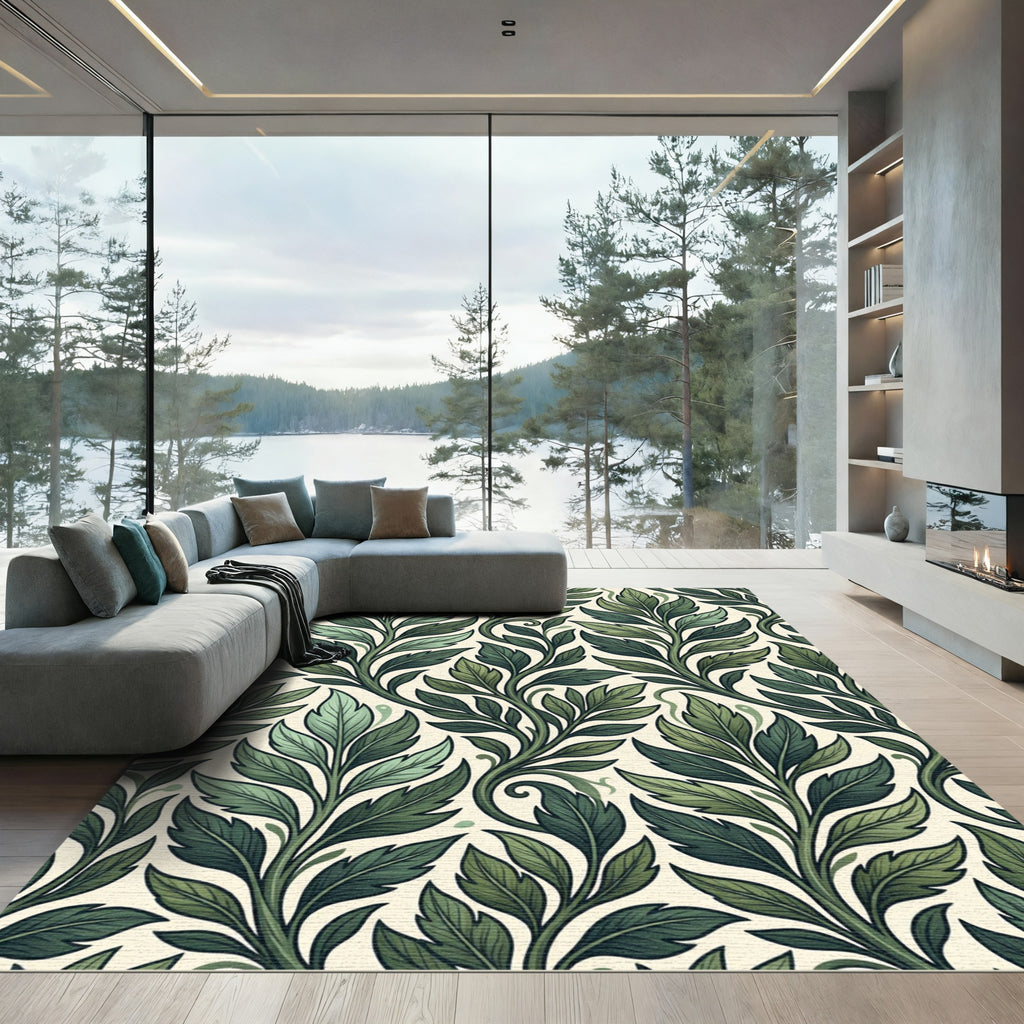 Verdant Green Leaf Vine Art Nouveau Rug