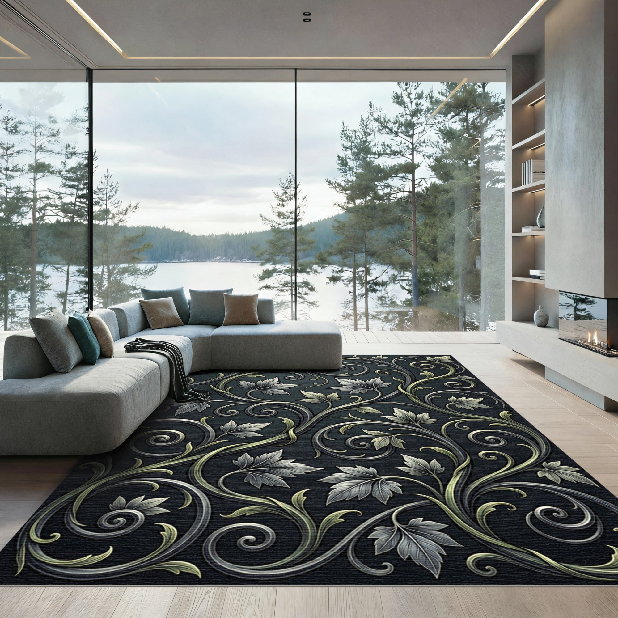 Ornate Silver Green Filigree Scroll Rug