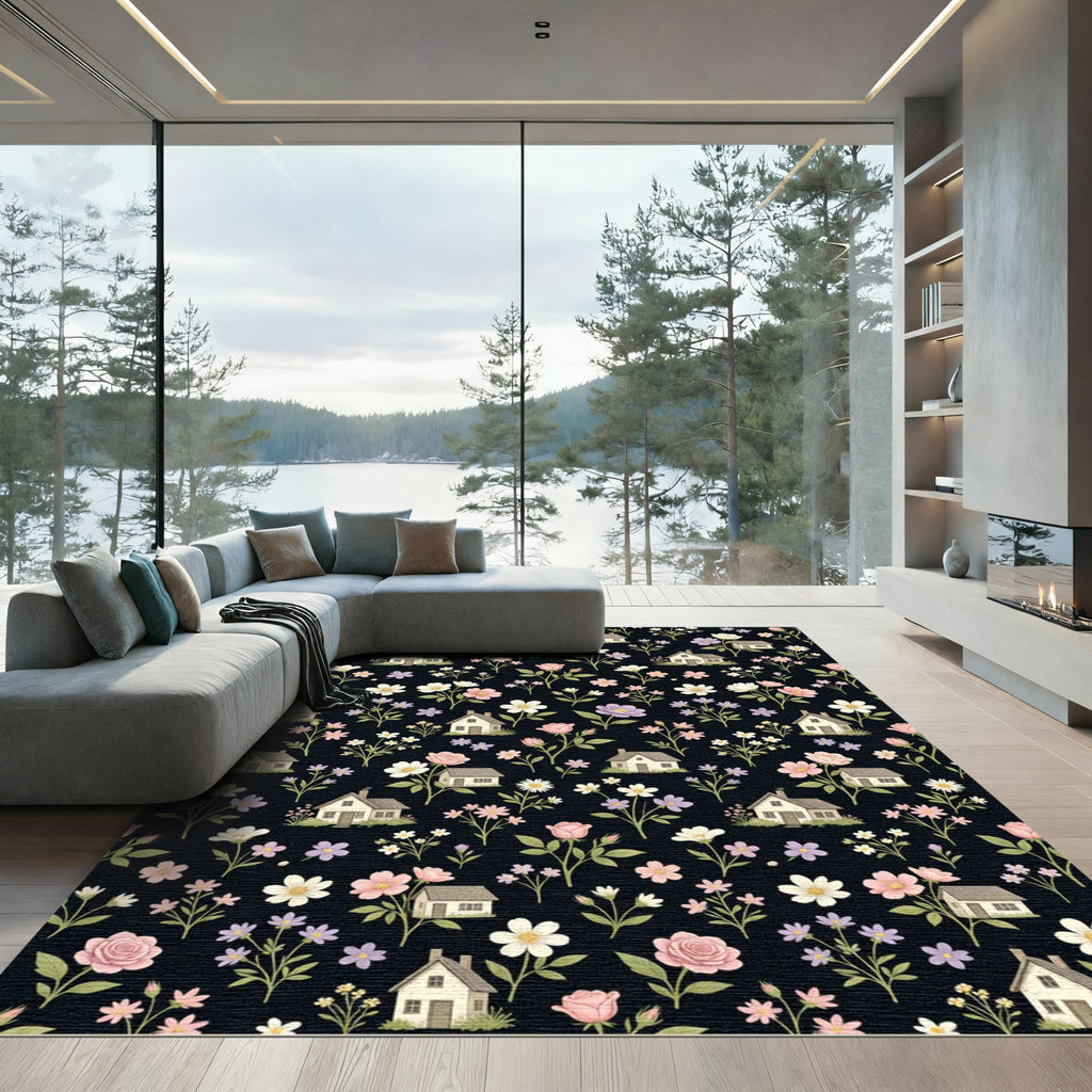 Country Cottage Floral Houses Black Rug