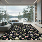 Country Cottage Floral Houses Black Rug