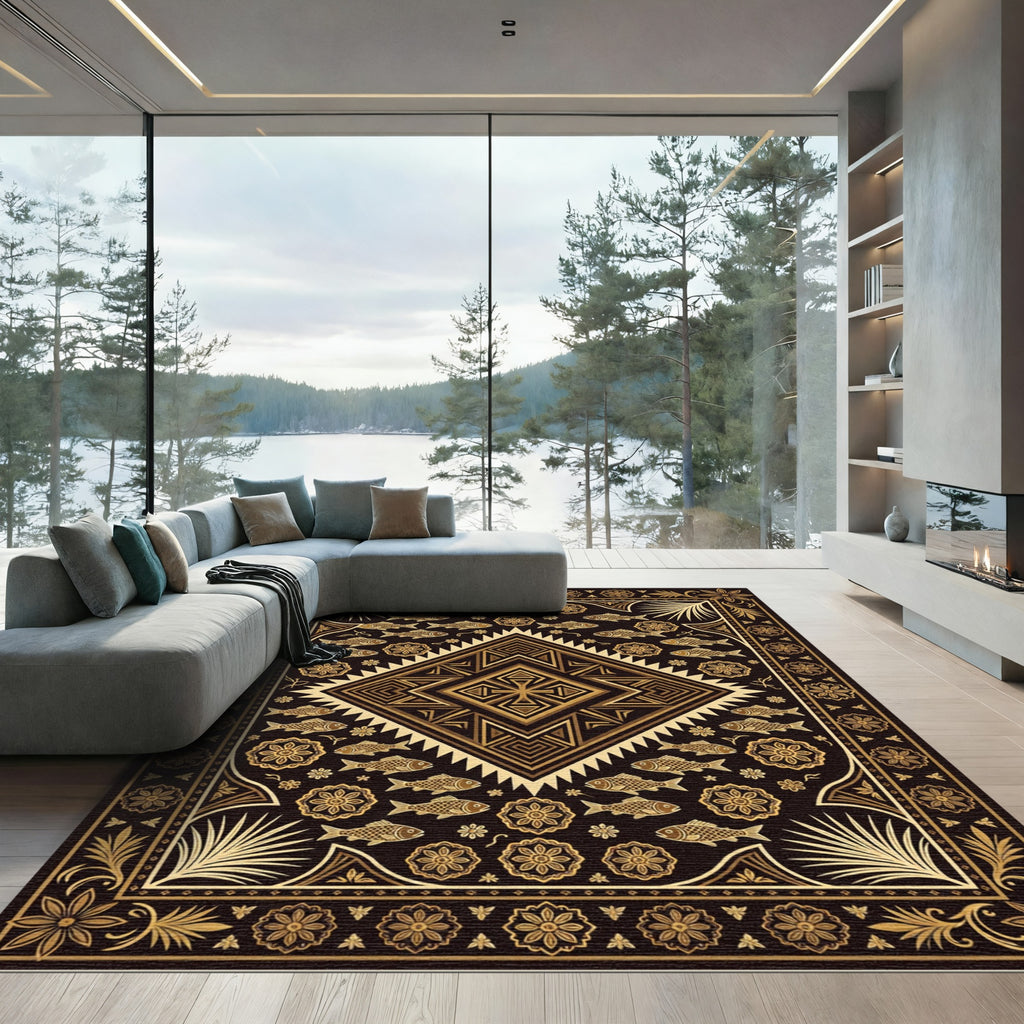 Golden Geometric Fishmedallion Dark Tapestry Rug