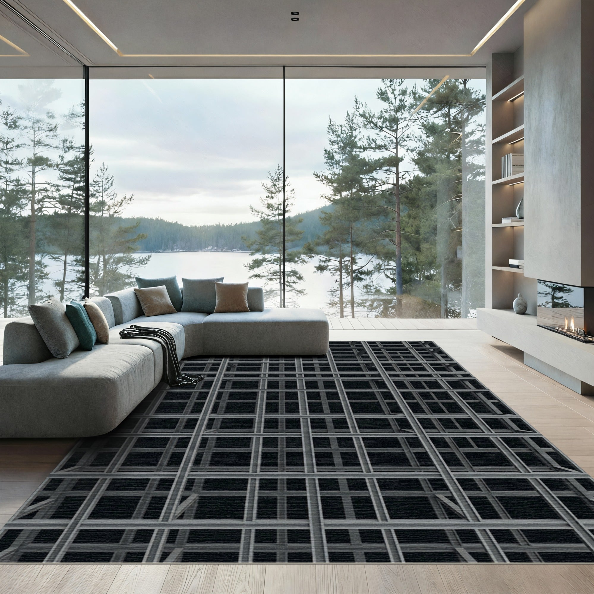 Gray Metal Lattice Grid Abstract Rug