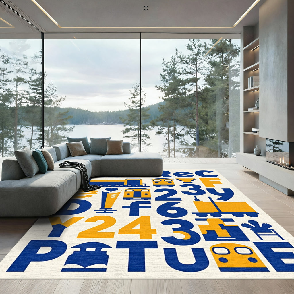 Retro Blue Yellow Transportation Alphabet Rug