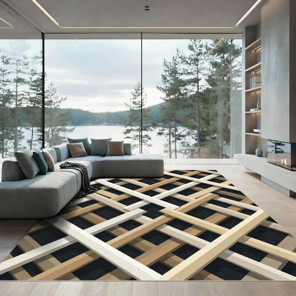 Modern Beige Interwoven Geometric Lattice Rug