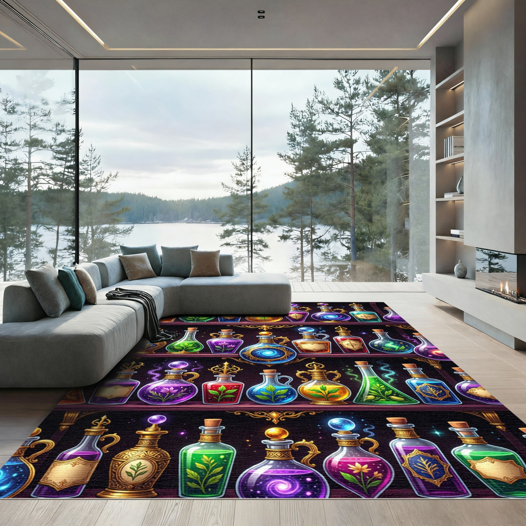 Magical Glowing Glass Potion Shelf Rug