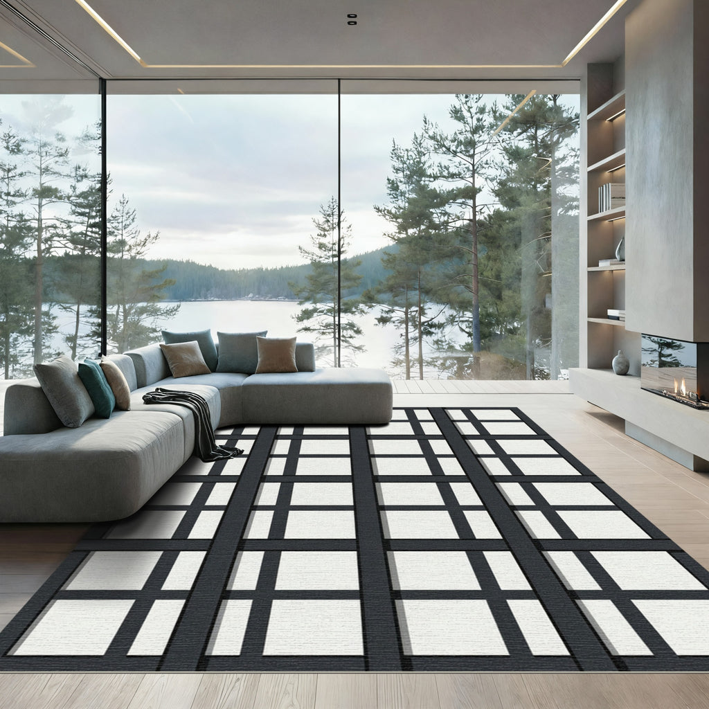 Charcoal Grid Panel Contemporary Rug