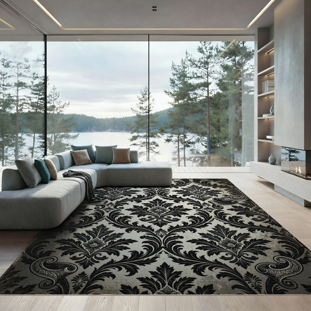 Classic Black Damask Scroll Ornament Rug