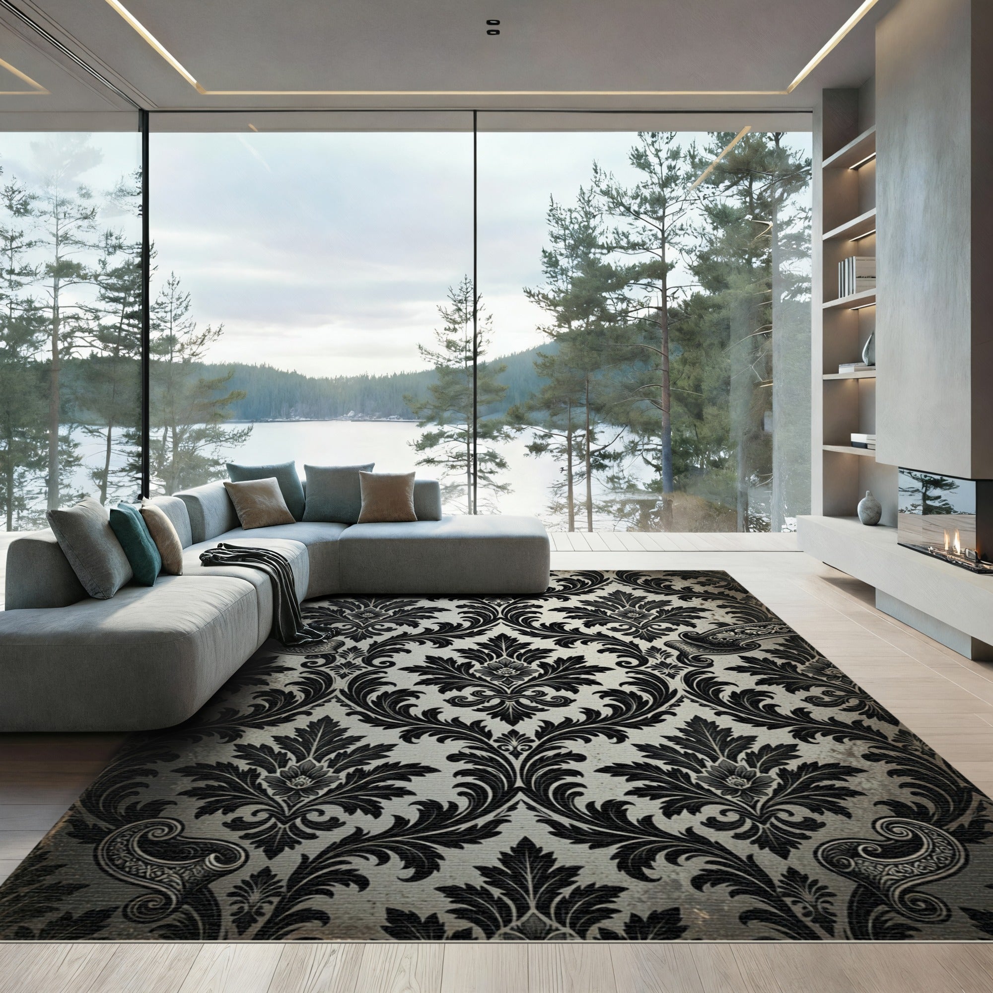 Classic Black Damask Scroll Ornament Rug