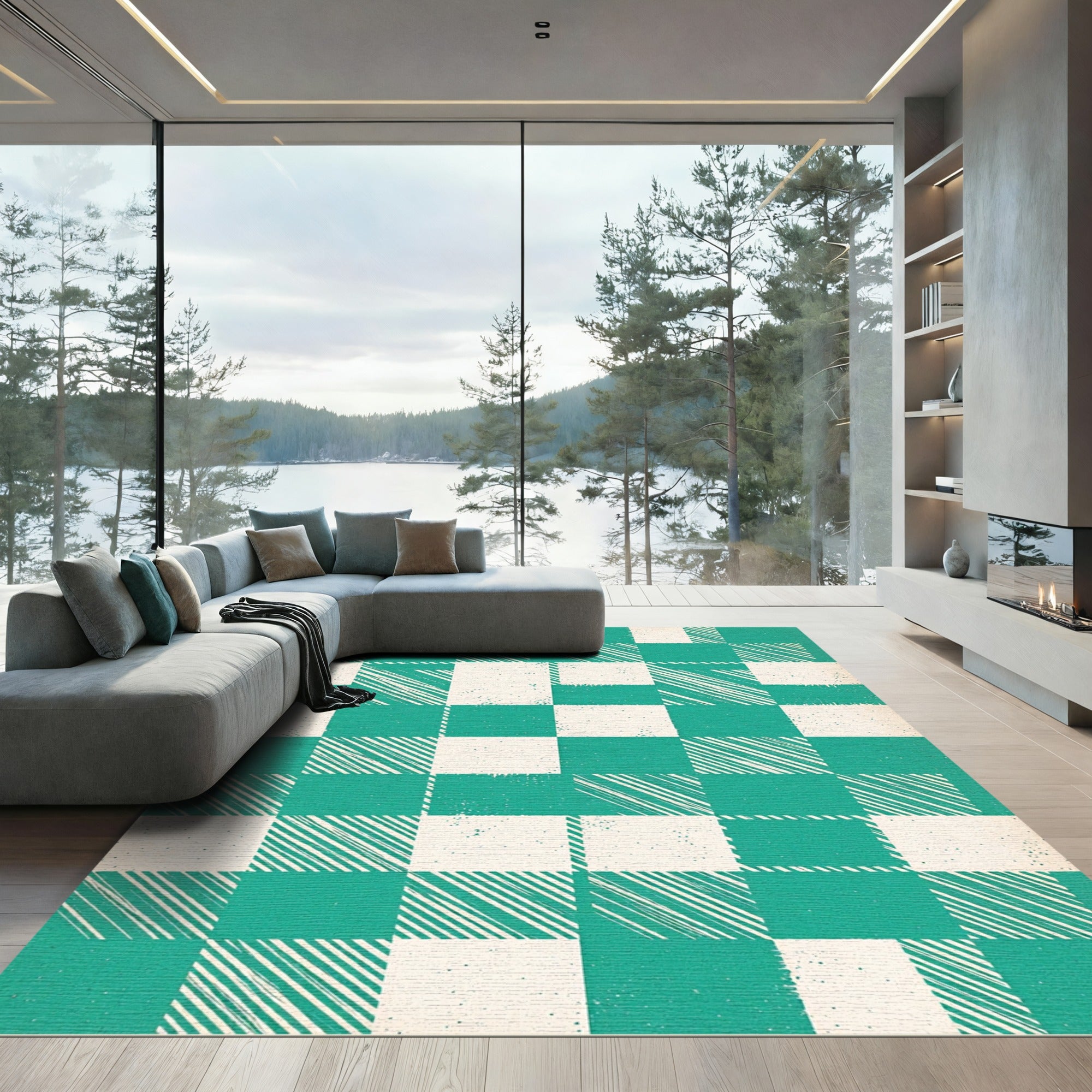 Teal and Cream Checkered Diagonal Texture Rug