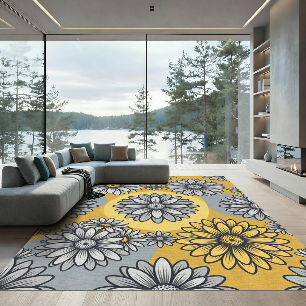 Yellow and Gray Retro Daisy Field Rug