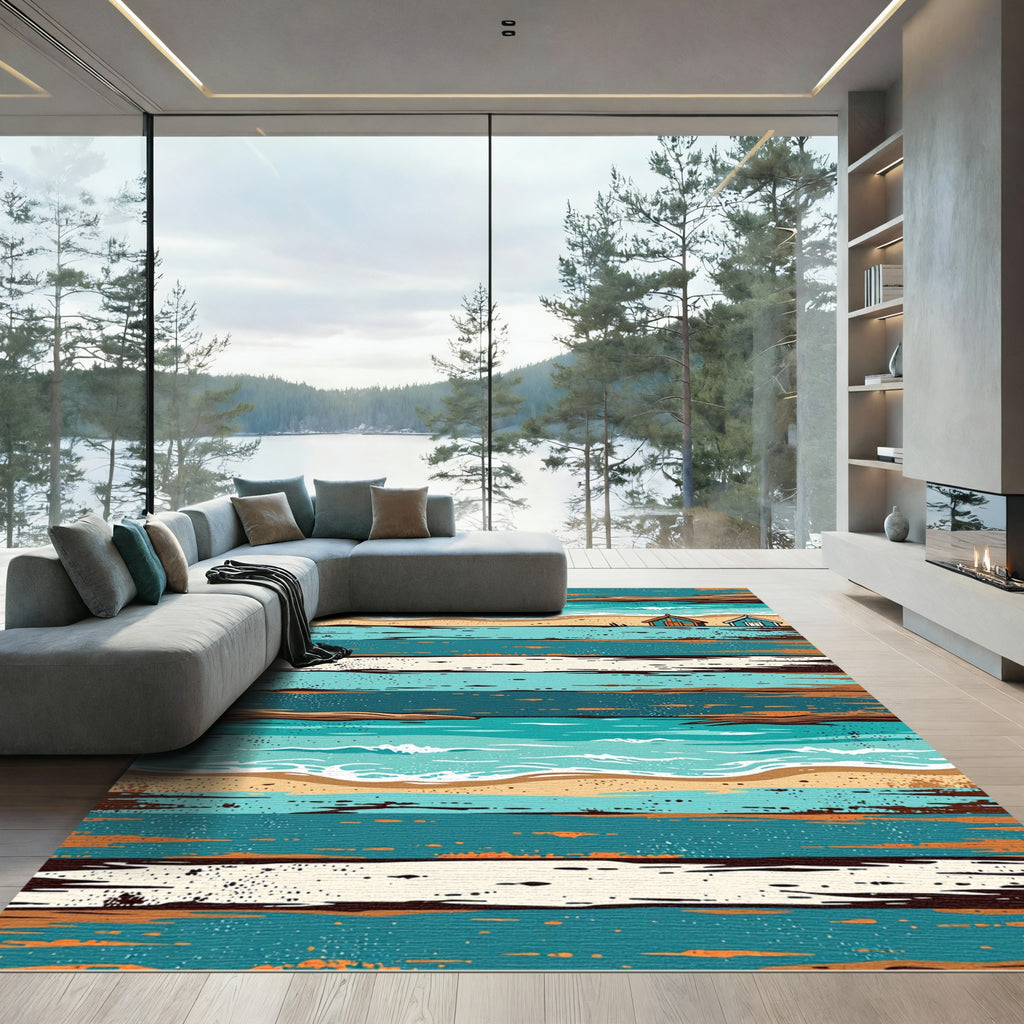 Coastal Beach House Striped Ocean Scene Rug