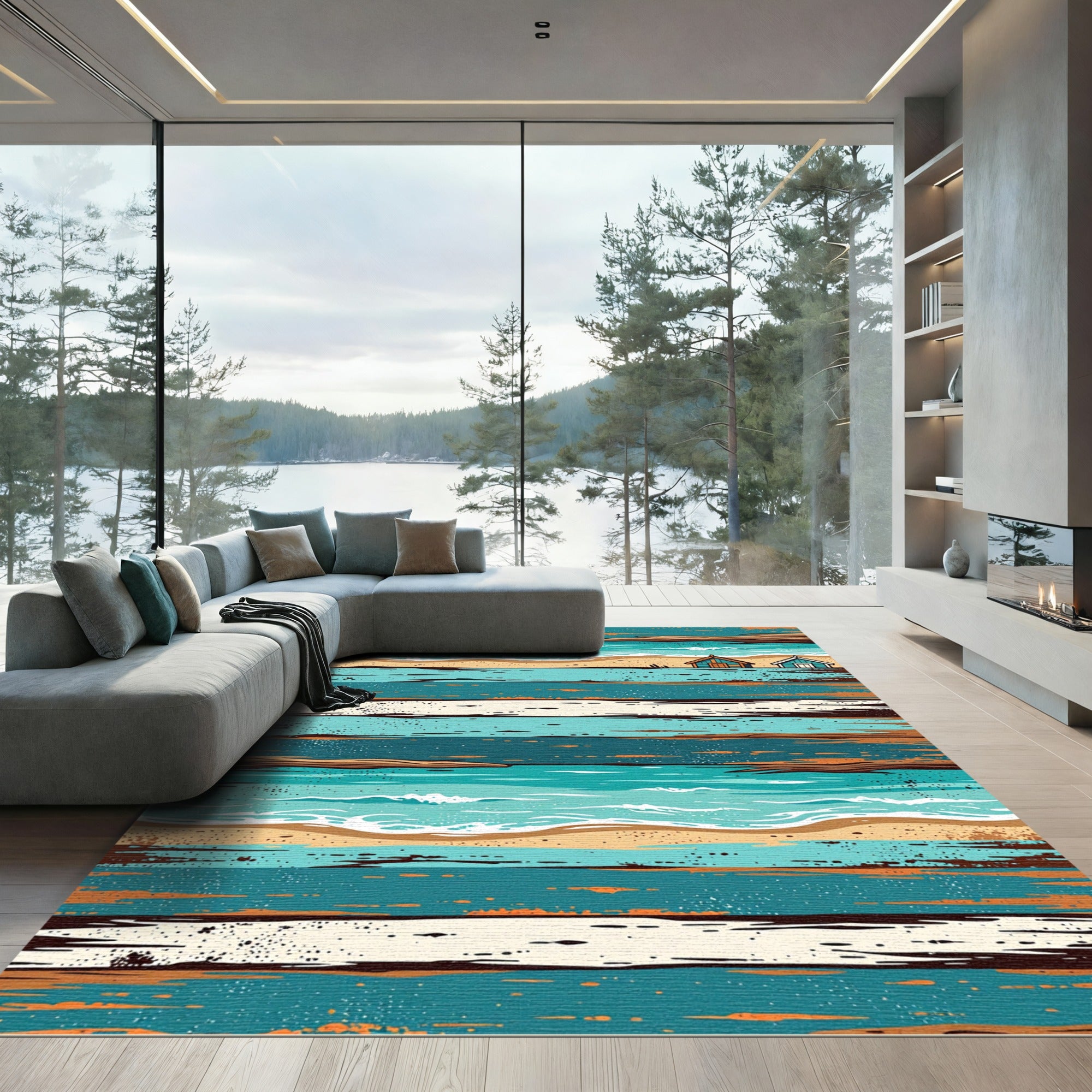 Coastal Beach House Striped Ocean Scene Rug