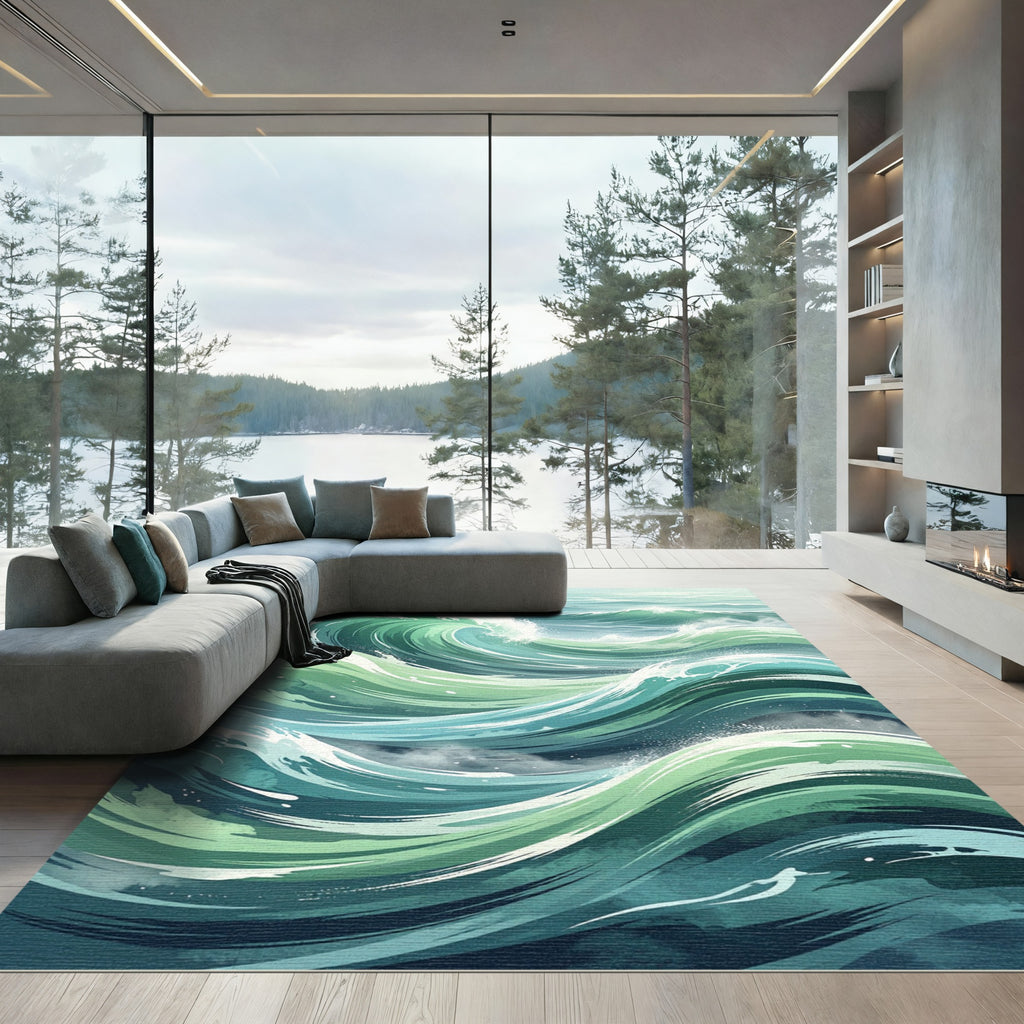Ethereal Sage Teal Ocean Wave Rug