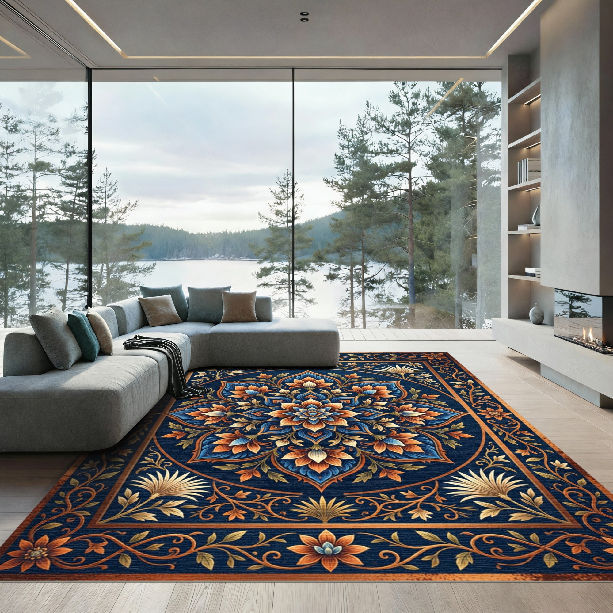 Rich Indigo Floral Medallion Scrollwork Rug