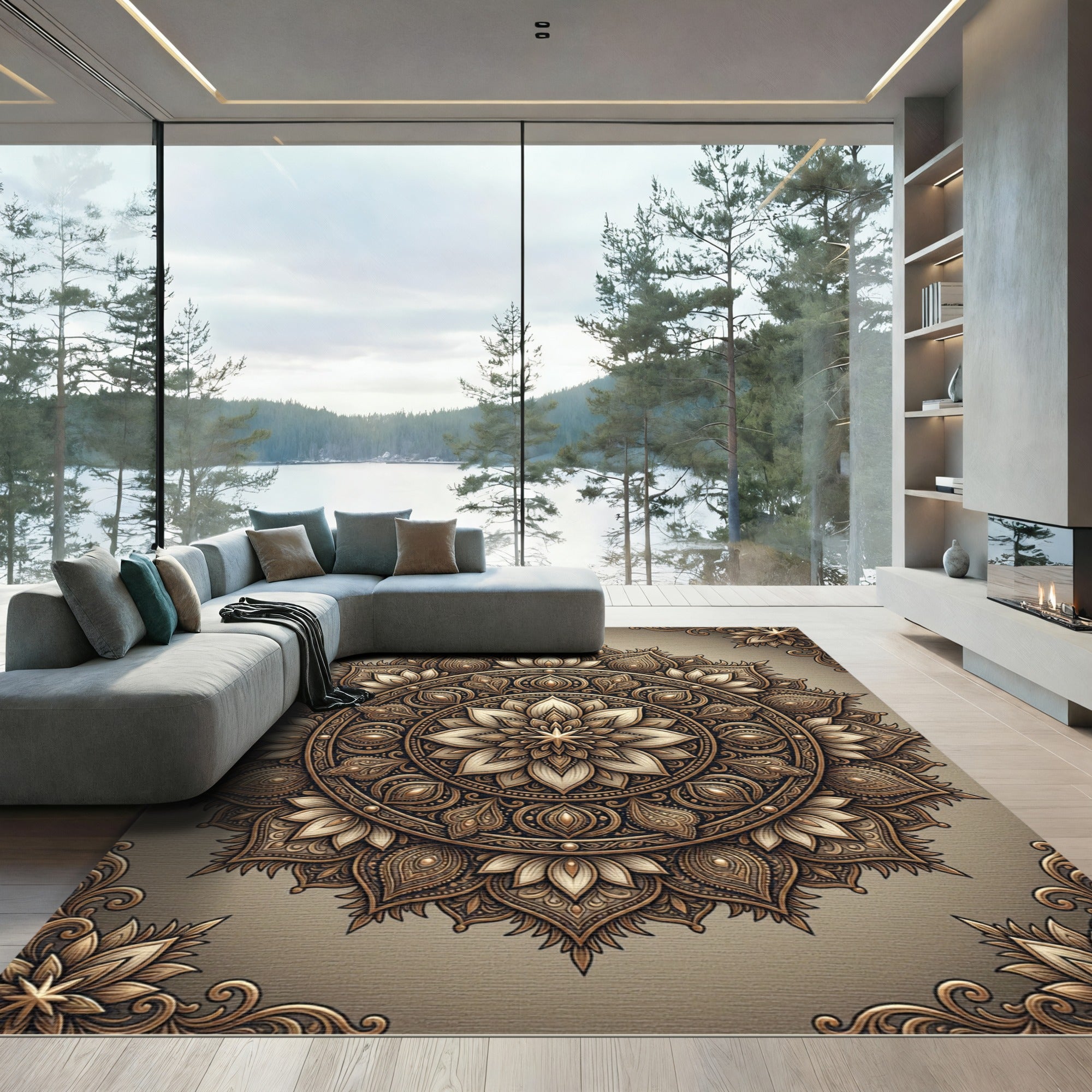 Intricate Golden Mandala Bloom Round Rug
