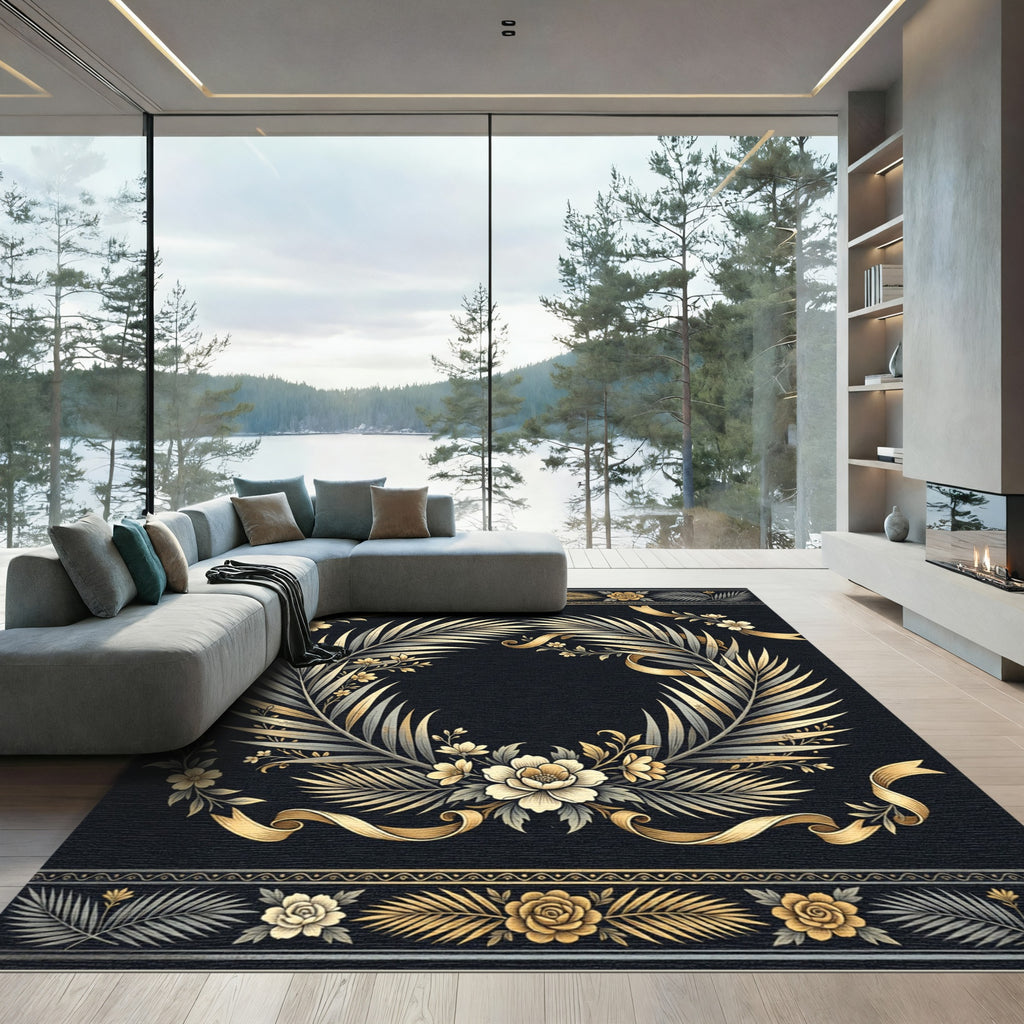 Elegant Gold Palm Frond Floral Frame Rug