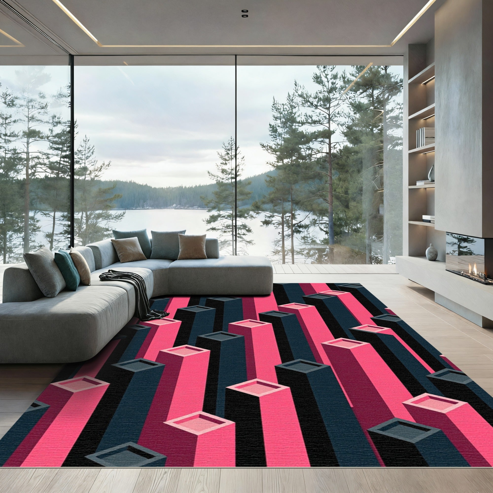 Modern Pink and Charcoal Isometric Pillars Rug
