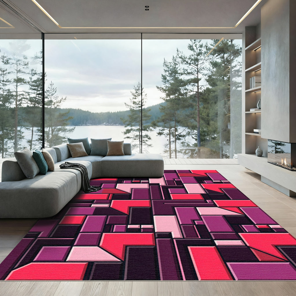 Geometric Magenta And Pink Mosaic Block Rug