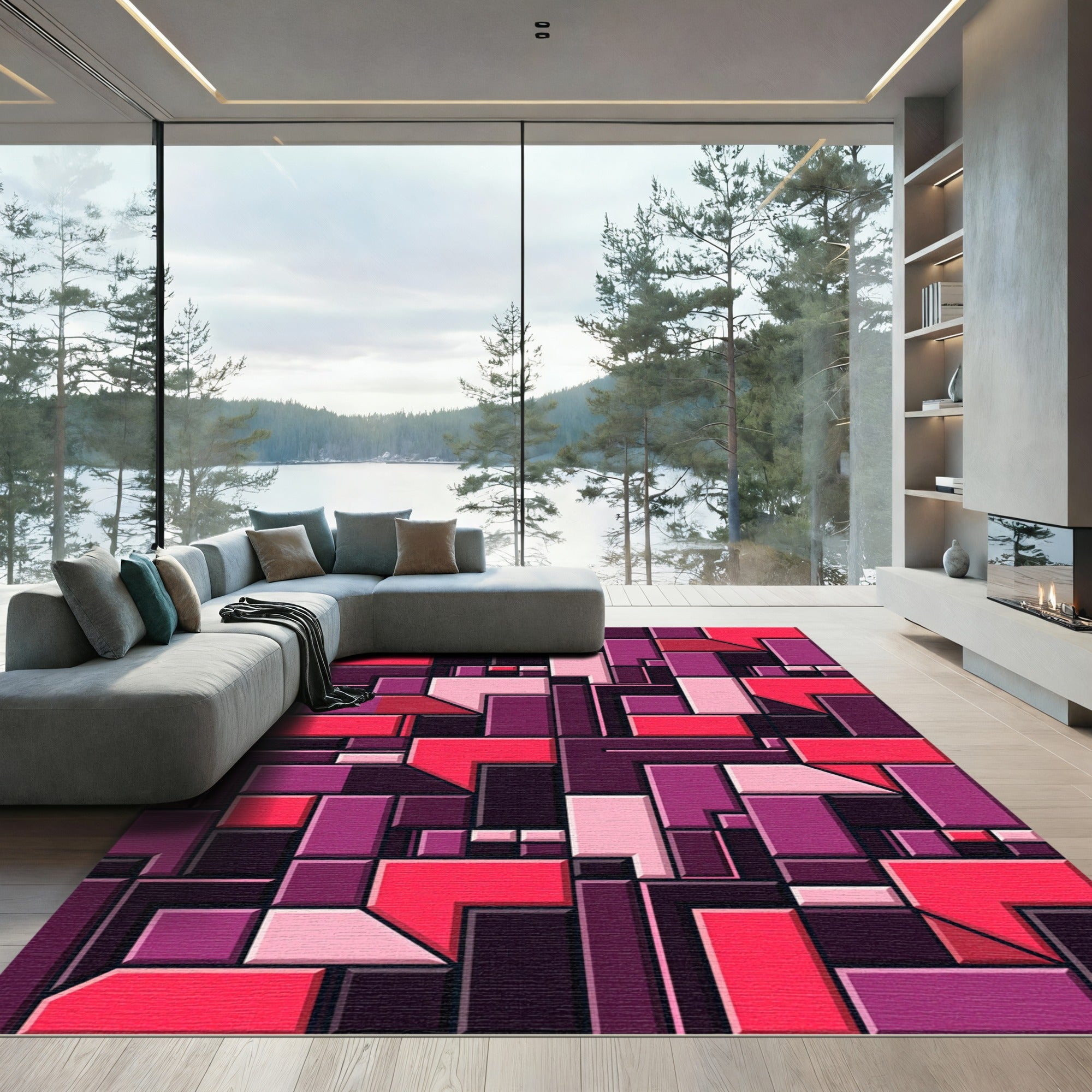 Geometric Magenta And Pink Mosaic Block Rug