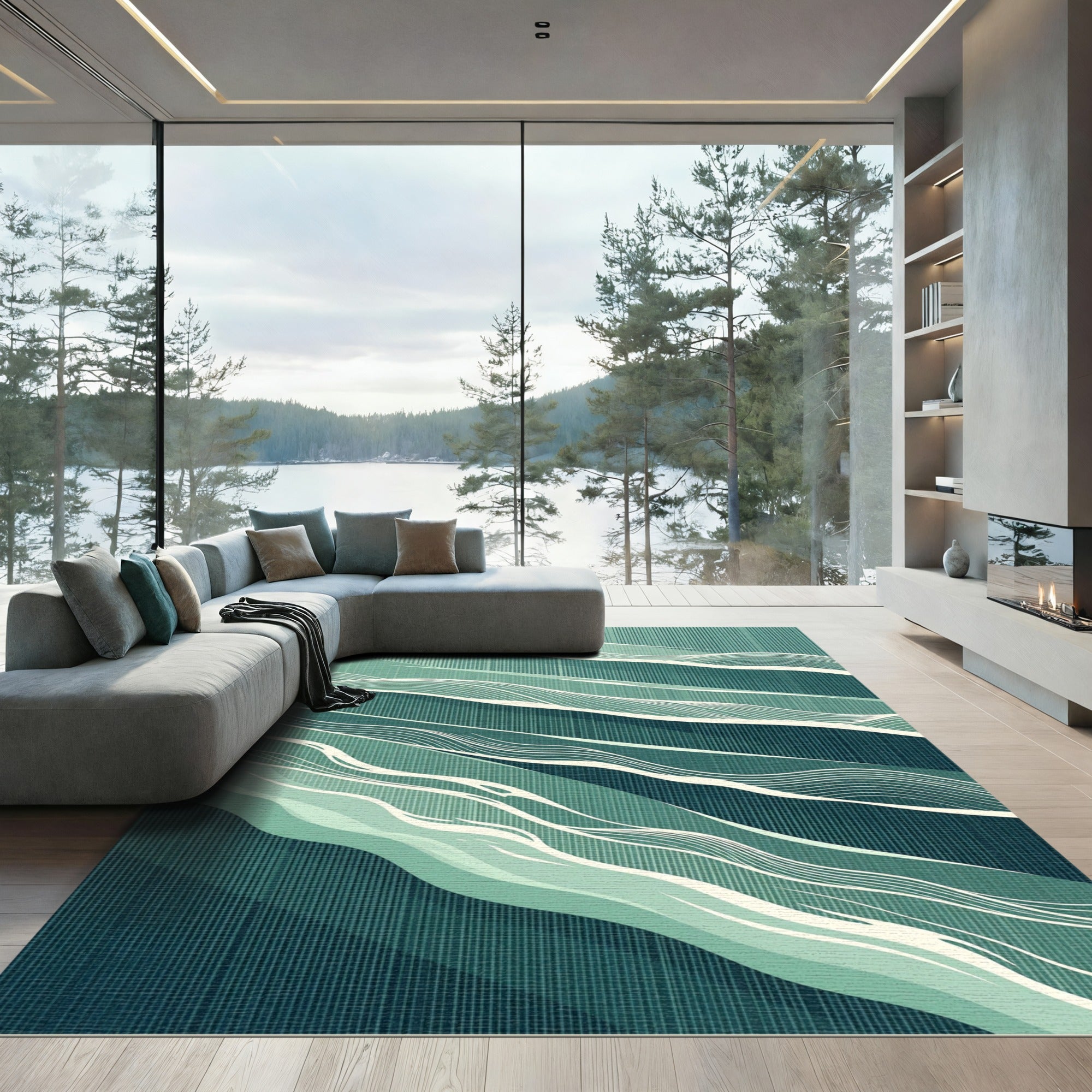 Ethereal Teal Gradient Rolling Wave Rug