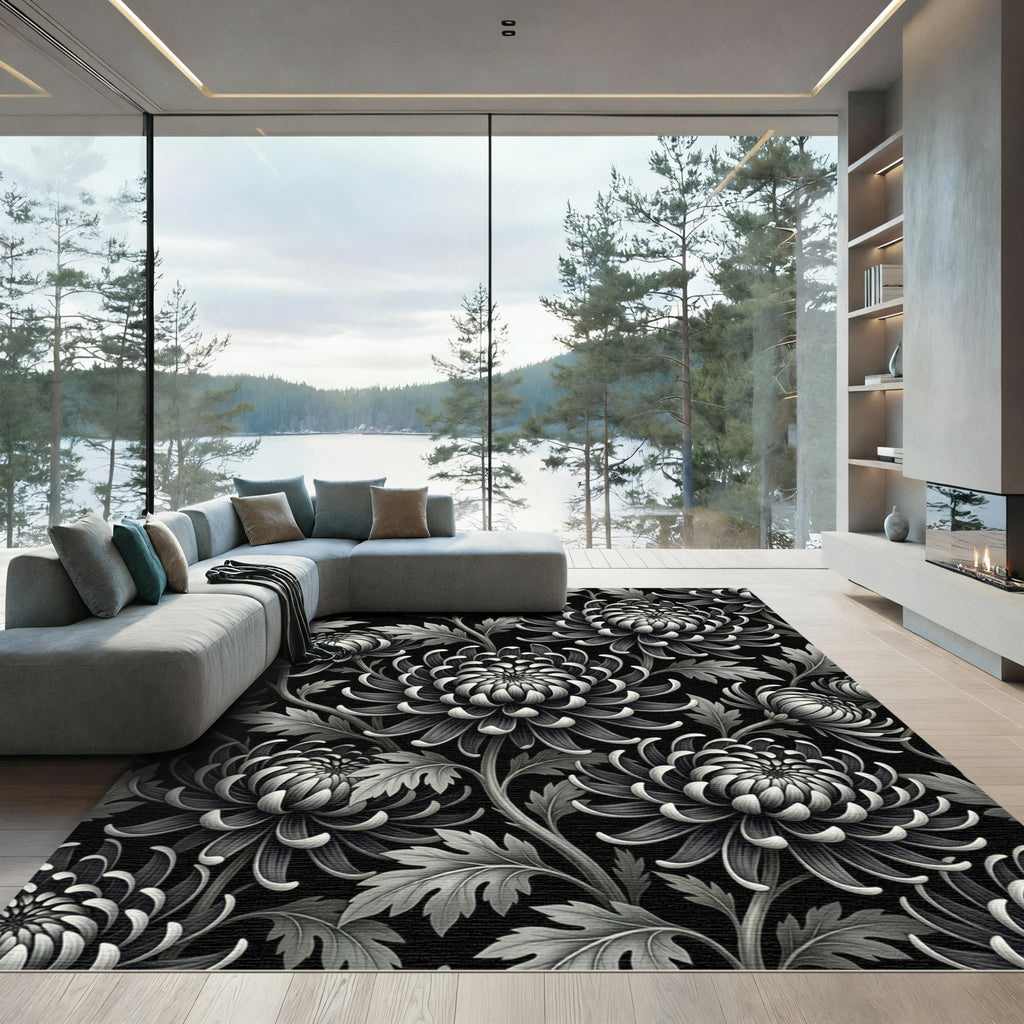Monochromatic Black and White Chrysanthemum Floral Rug