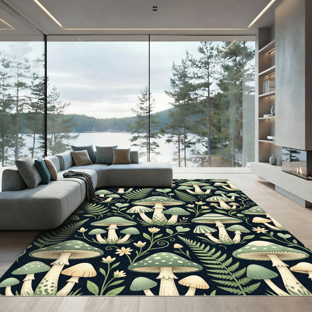 Whimsical Sage Mushroom Forest Fern Rug