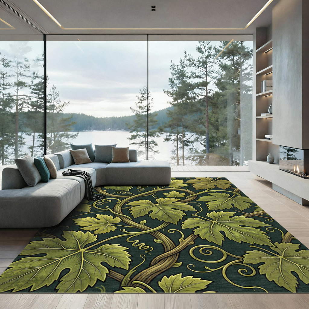 Lush Green Botanical Grape Vine Art Rug