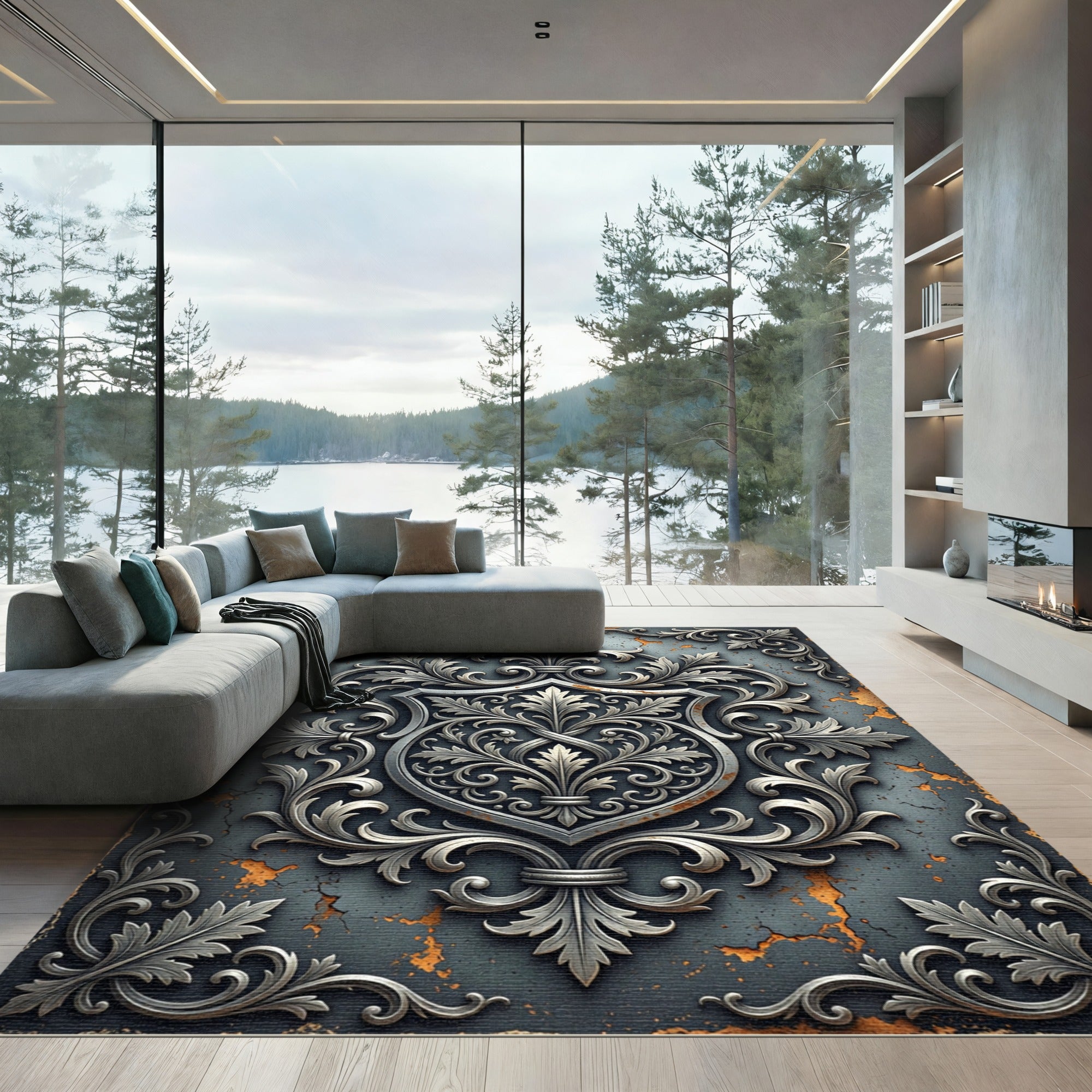 Silver Baroque Filigree Slate Damask Rug