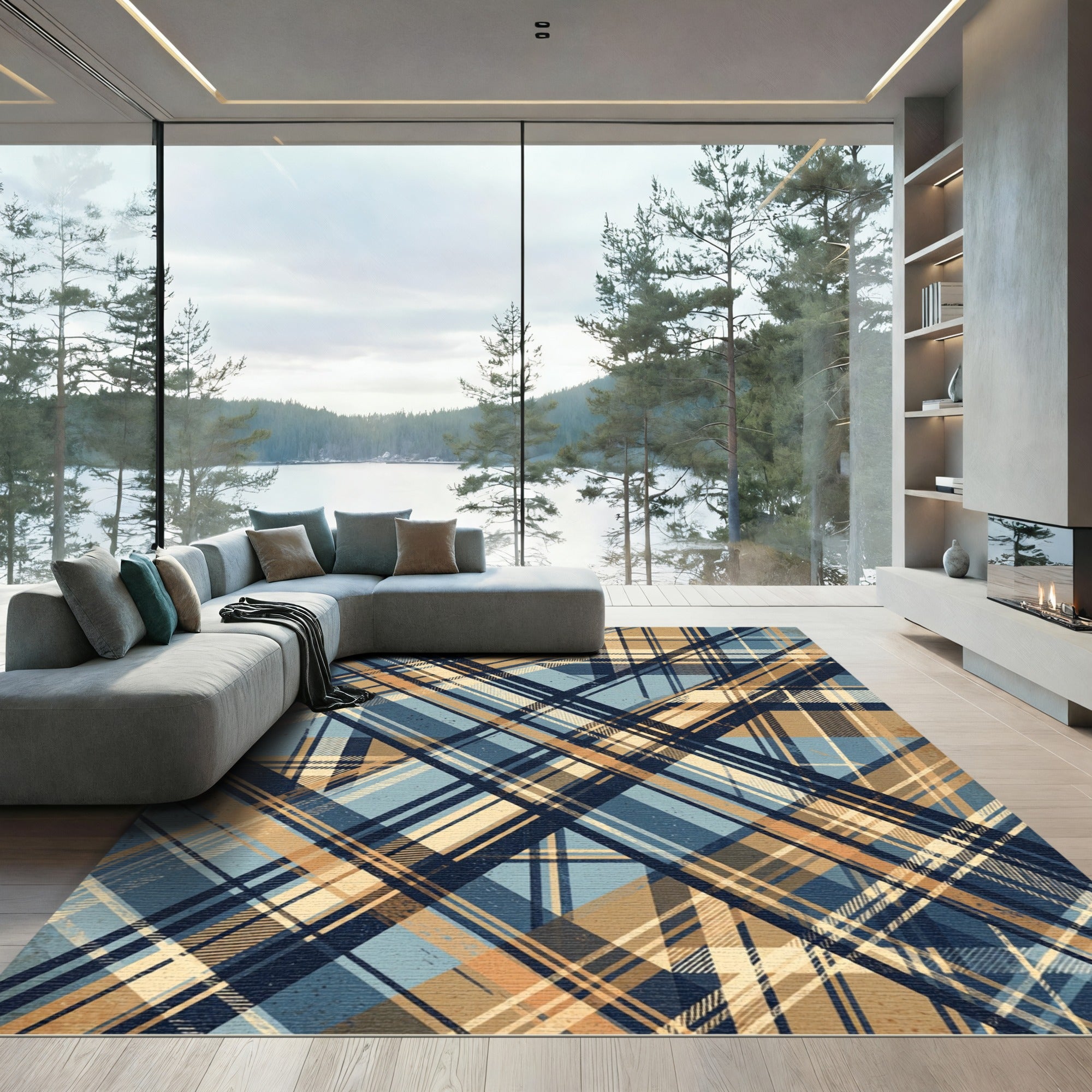 Vintage Blue Tan Plaid Texture Rug