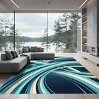 Modern Cyan and Beige Abstract Swirls Rug